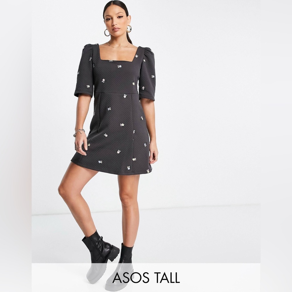 NEW ASOS Tall Quilted Mini Dress with Floral Embroidery Gray Sz 6